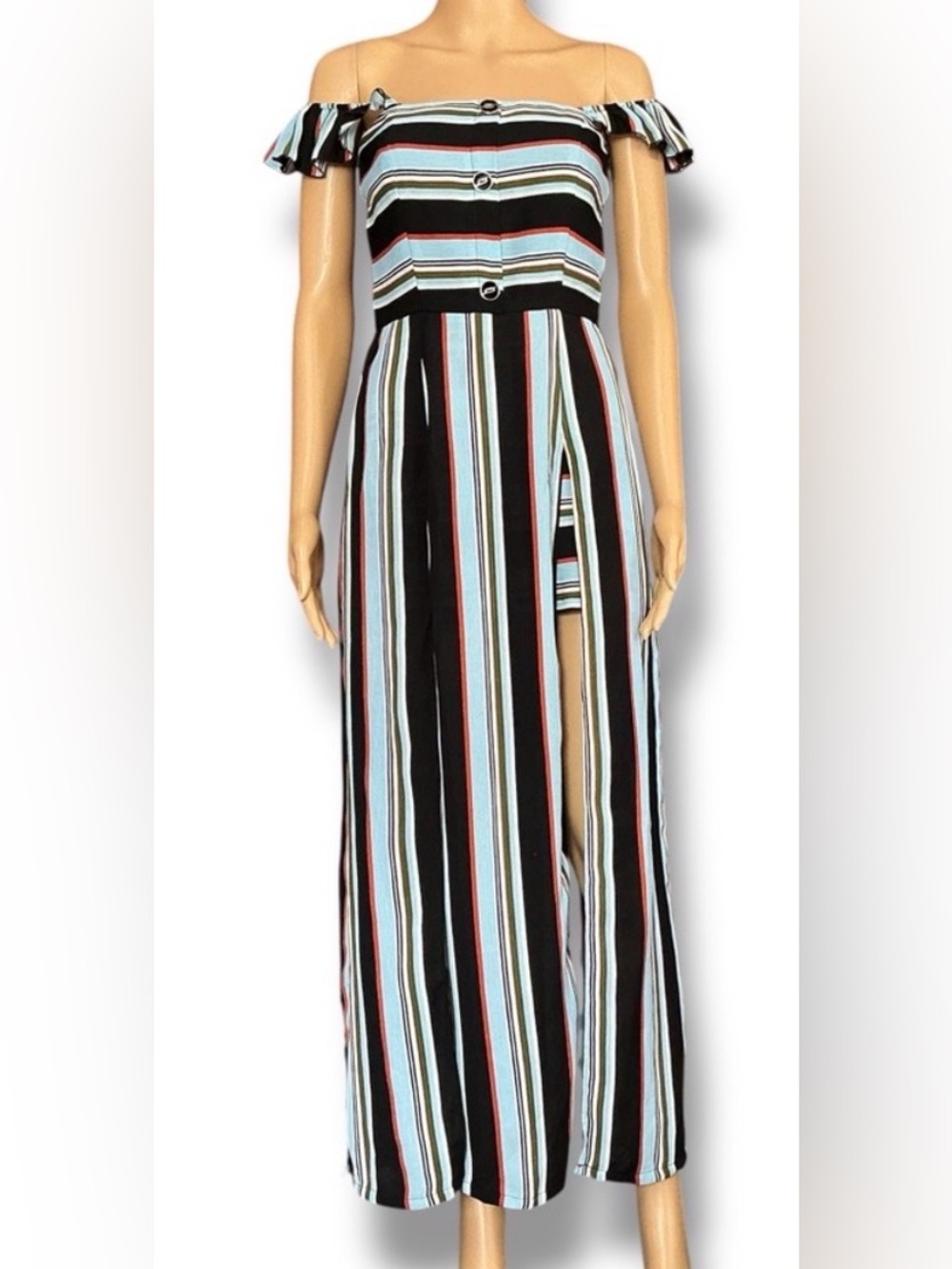 Off-Shoulder Black Multi-Stripe Maxi Jumpsuit Dress